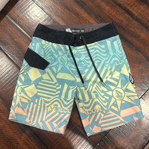 Volcom Boys Teal Yellow Coral Geo Print Swim Trunks